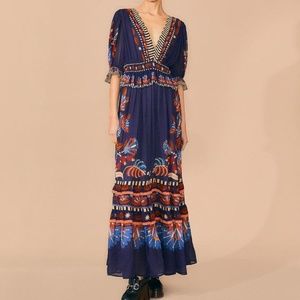 NWT FARM RIO - Blue Nature Beauty Short Sleeve Maxi Dress Size SMALL